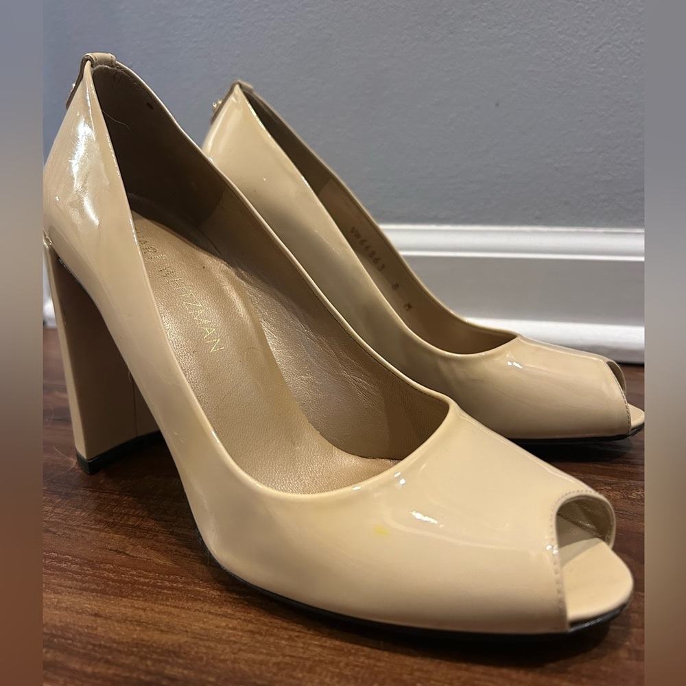 Stuart Weitzman Glossy Beige Peep-Toe Heels